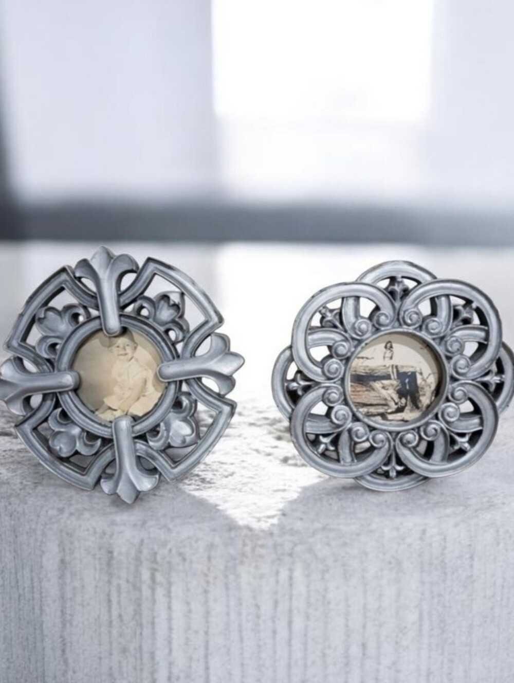 Circular Distressed Matte Silver Picture Frames. Fleur-de Lis. Antique